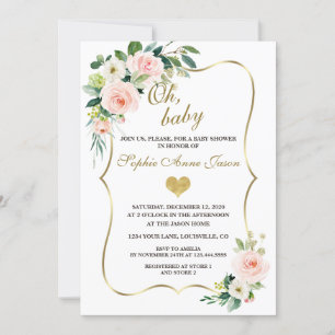 Watercolour Blush Ivory Flowers Gold Baby Shower Invitation