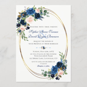 Watercolour Blush Navy Blue Floral Bloom Wedding Invitation