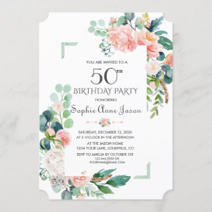 Watercolour Blush Peonies Frame 50th Birthday Invitation