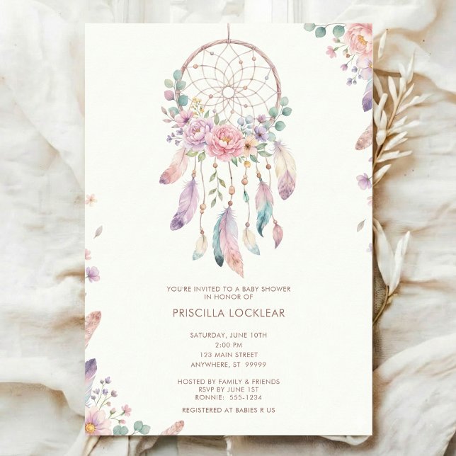 watercolour Boho flower Dreamcatcher Baby Shower Invitation (Creator Uploaded)
