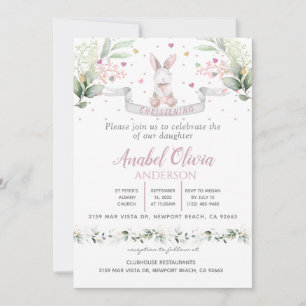 Watercolour Bunny Baby Girl Baptism Invitation