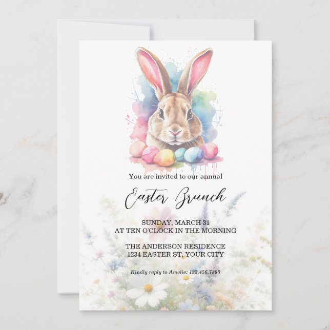 Watercolour Bunny Eggs Wildflowers Easter Brunch  Invitation (Front)