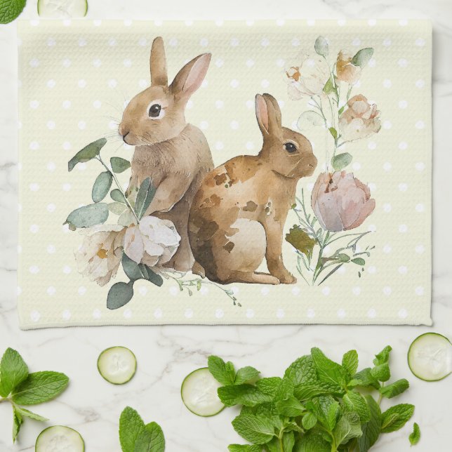 Watercolour Bunny roses Kitchen Towel (Folded)