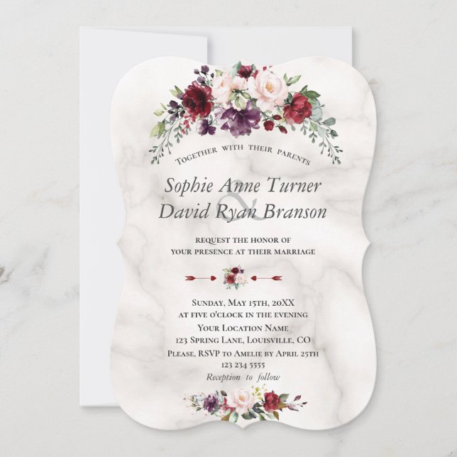 Watercolour Burgundy Blush Flowers Marble Wedding Invitation (Front)