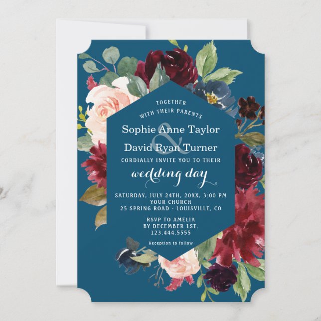 Watercolour Burgundy Pink Blue Floral Wedding Invitation (Front)