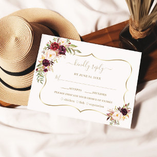 Watercolour Burgundy Red Pink Floral Gold Wedding RSVP Card