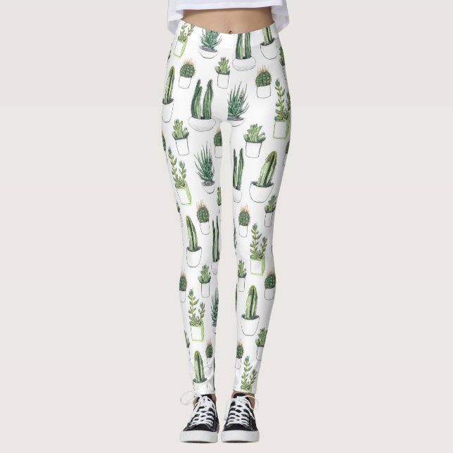 Watercolour Cacti & Succulent Leggings (Front)