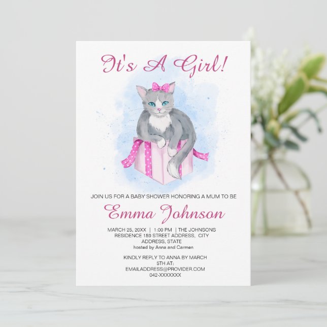 Watercolour Cat On A Gift Box Baby Girl  Shower Invitation (Standing Front)