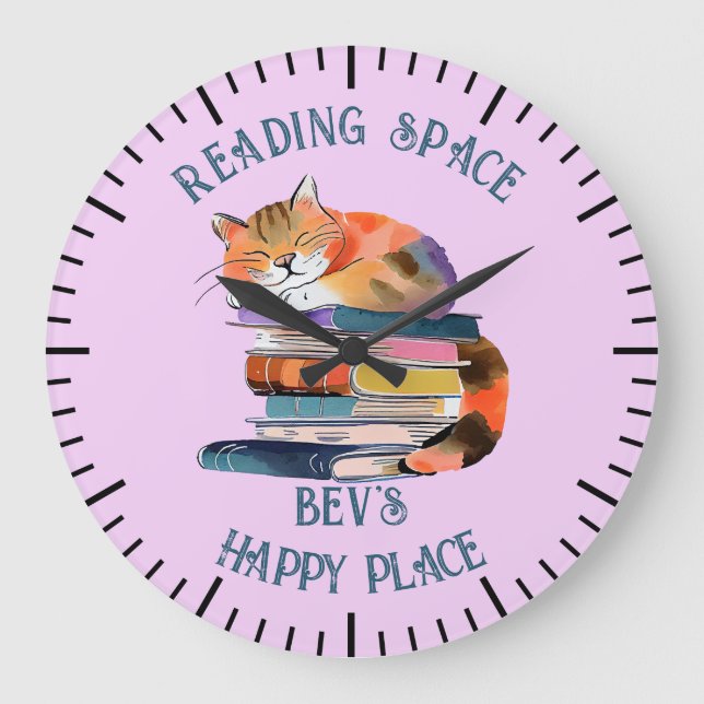  Watercolour Cat with Books Large Clock (Front)