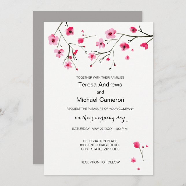 Watercolour Cherry Blossoms Wedding Invitations (Front/Back)