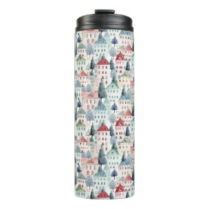 Watercolour Christmas Homes seamless pattern. Thermal Tumbler