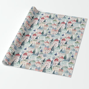 Watercolour Christmas Homes seamless pattern. Wrapping Paper