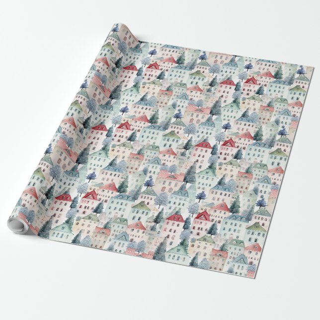 Watercolour Christmas Homes seamless pattern. Wrapping Paper (Unrolled)