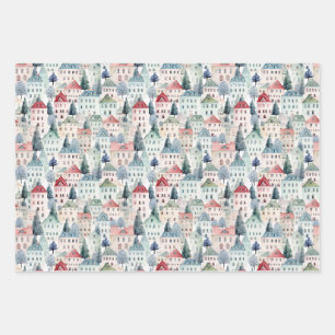 Watercolour Christmas Homes seamless pattern. Wrapping Paper Sheet