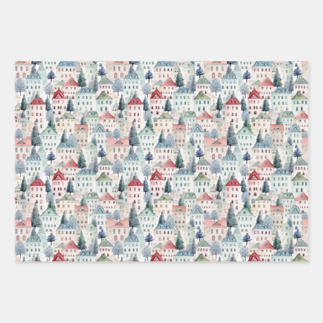 Watercolour Christmas Homes seamless pattern. Wrapping Paper Sheet (Front)