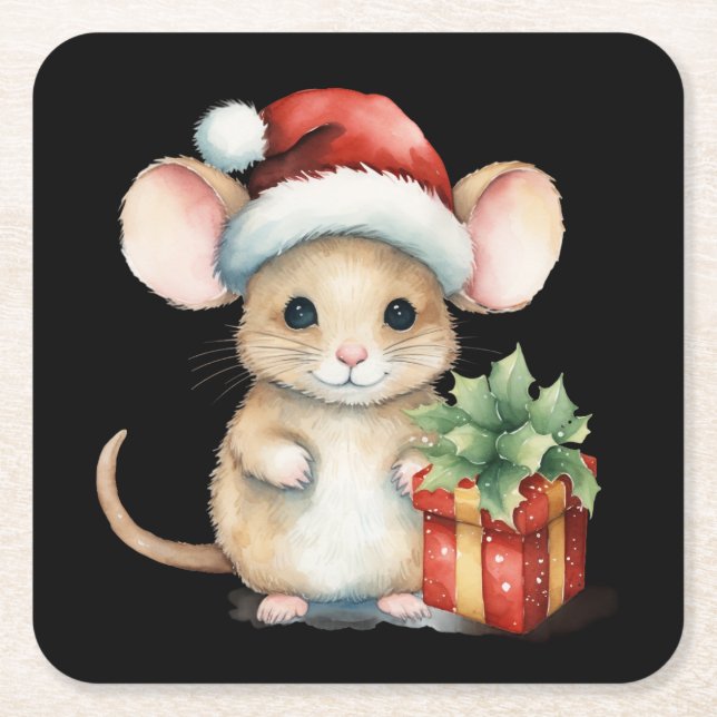 Watercolour Christmas Mouse Square Paper Coaster (Front)