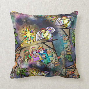 Watercolour Christmas Nativity Scene Cushion