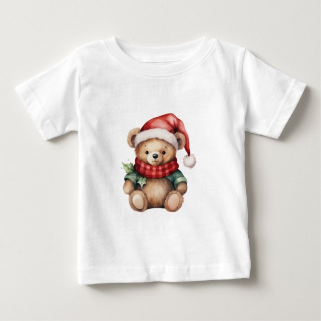 Watercolour Christmas Teddy Bear Baby T-Shirt (Front)