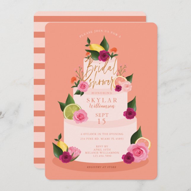 Watercolour Citus Floral 3 Tier Cake Bridal Shower Invitation (Front/Back)