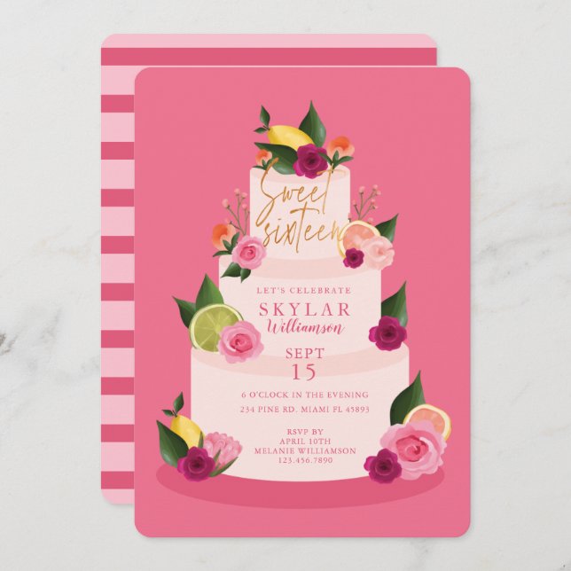 Watercolour Citus Floral 3 Tier Cake Sweet Sixteen Invitation (Front/Back)