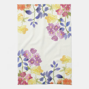 Watercolour Colourful Wild Flowers Tea Towel