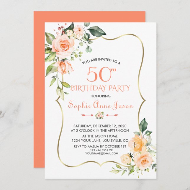 Watercolour Coral Floral Gold Frame 50th Birthday Invitation (Front/Back)