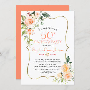 Watercolour Coral Floral Gold Frame 50th Birthday Invitation