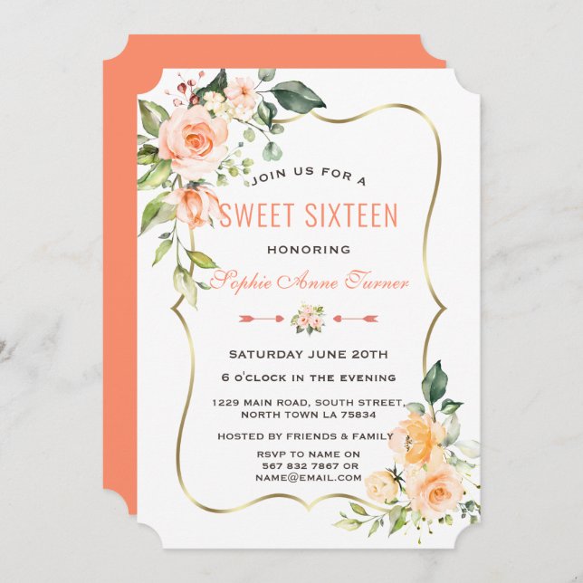Watercolour Coral Flowers Gold Frame Sweet 16 Invitation (Front/Back)