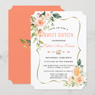 Watercolour Coral Flowers Gold Frame Sweet 16 Invitation