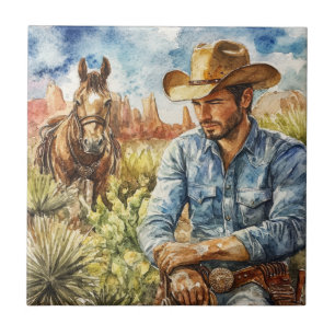 Watercolour Cowboy in Desert Ceramic Tile