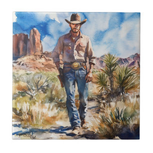 Watercolour Cowboy in Desert Ceramic Tile