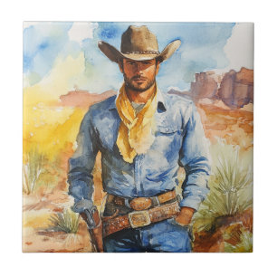 Watercolour Cowboy in Desert Ceramic Tile