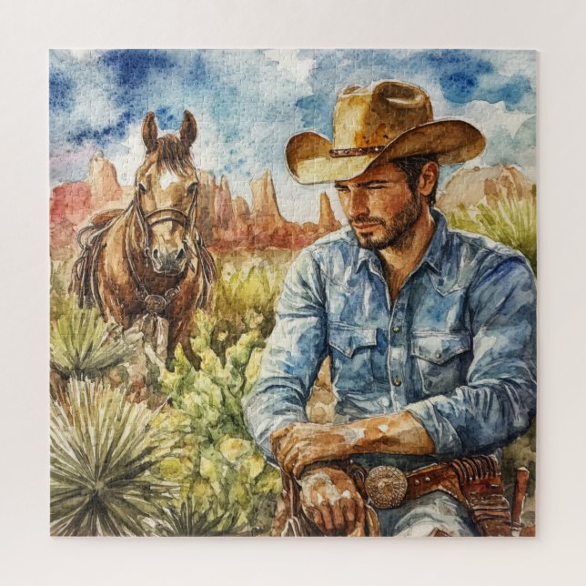 Watercolour Cowboy in Desert Jigsaw Puzzle (Vertical)