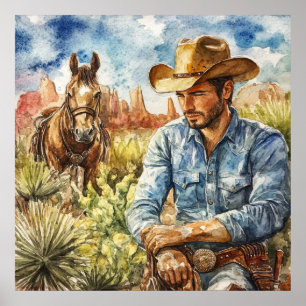 Watercolour Cowboy in Desert Poster