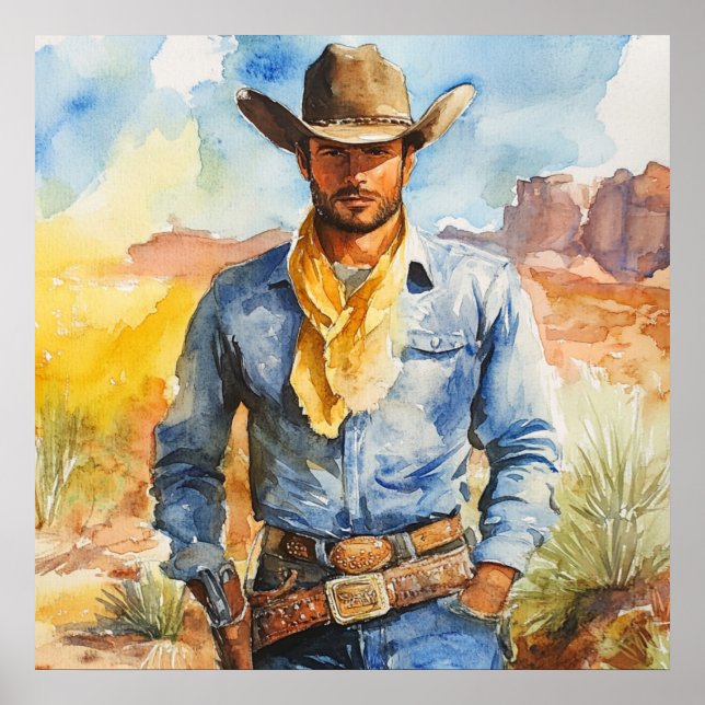 Watercolour Cowboy in Desert Poster (Front)