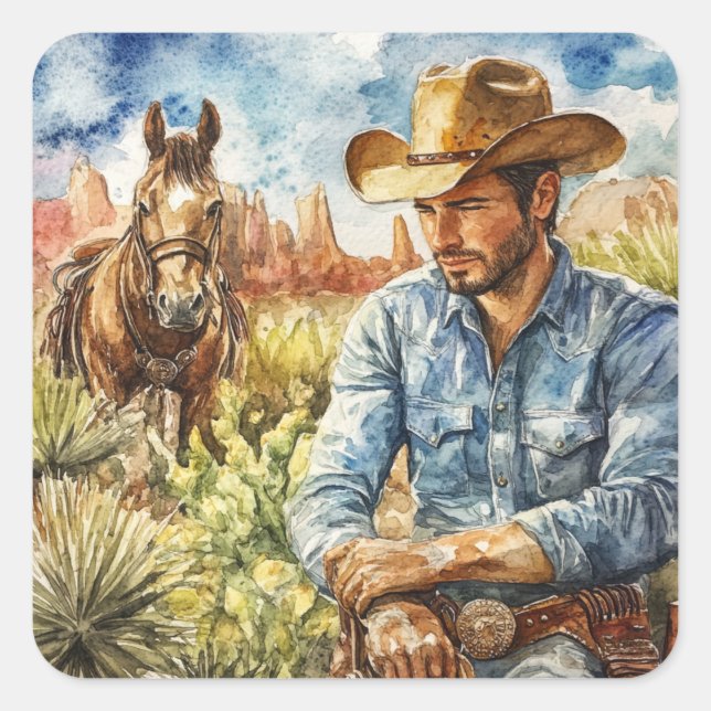 Watercolour Cowboy in Desert Square Sticker (Front)