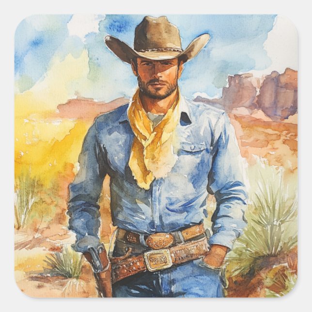 Watercolour Cowboy in Desert Square Sticker (Front)