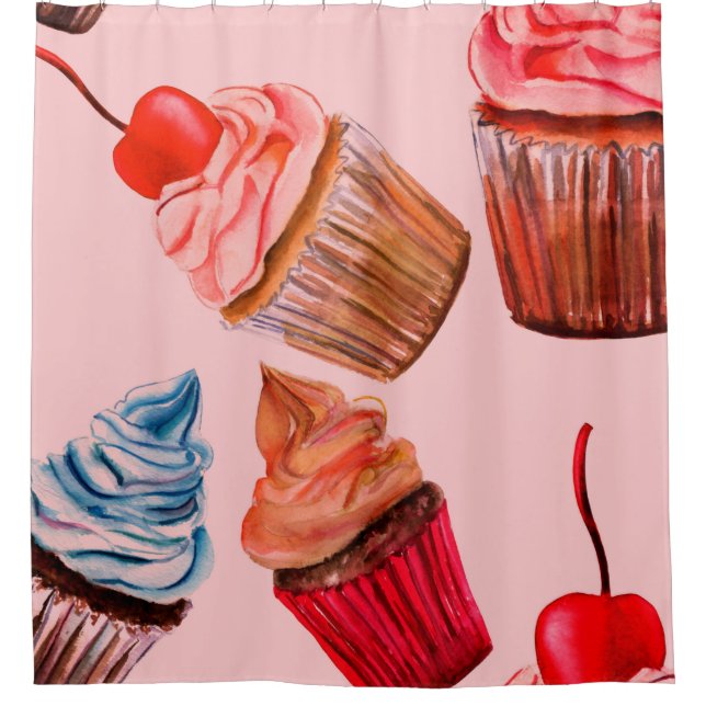 Watercolour cupcakes seamless background pattern,  shower curtain (Front)