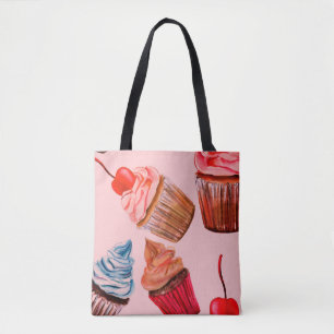 Watercolour cupcakes seamless background pattern,  tote bag