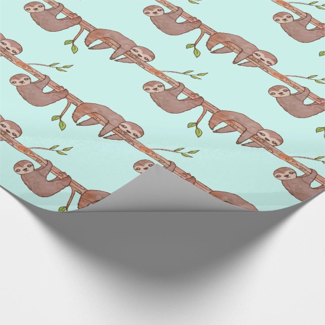 Watercolour Cute Baby Sloths on Tree Pattern Wrapping Paper (Corner)