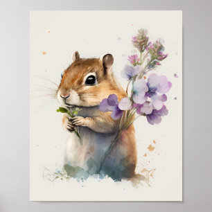 Watercolour Cute Chipmunk with flowers Poster