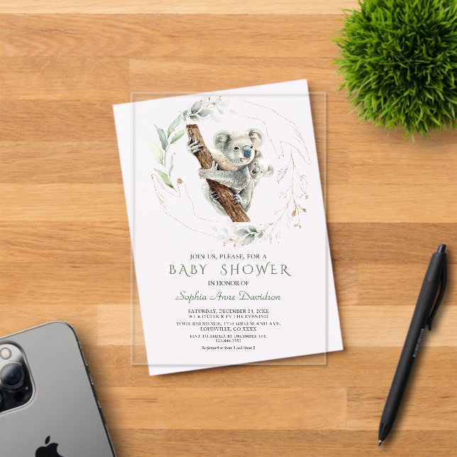 Watercolour Cute Koala Greenery Gold Baby Shower Acrylic Invitations (Insitu (Invitation Card))
