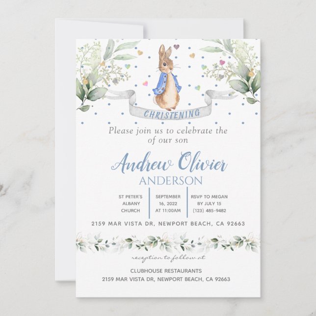 Watercolour Cute Peter Rabbit Boy Christening   In Invitation (Front)