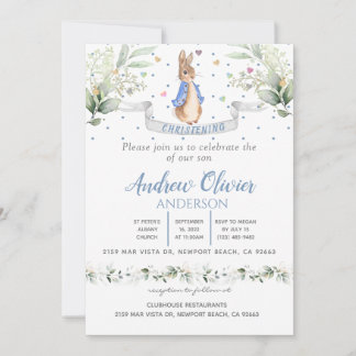 Watercolour Cute Peter Rabbit Boy Christening   In Invitation