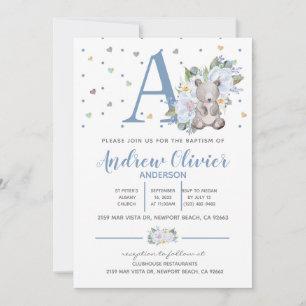Watercolour Cute Teddy Bear Baby Boy Christening Invitation