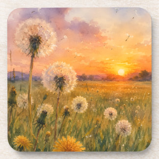 Watercolour Dandelions at Sunset Meadow Landscape Coaster