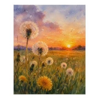 Watercolour Dandelions at Sunset Meadow Landscape Poster