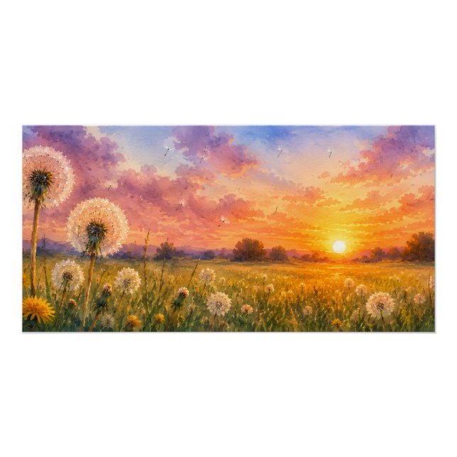 Watercolour Dandelions at Sunset Meadow Landscape  Poster (Front)