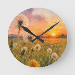 Watercolour Dandelions at Sunset Meadow Landscape  Round Clock