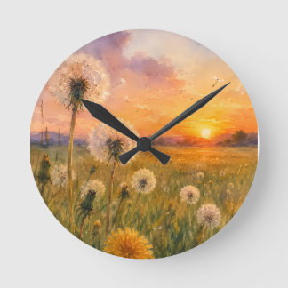 Watercolour Dandelions at Sunset Meadow Landscape Round Clock